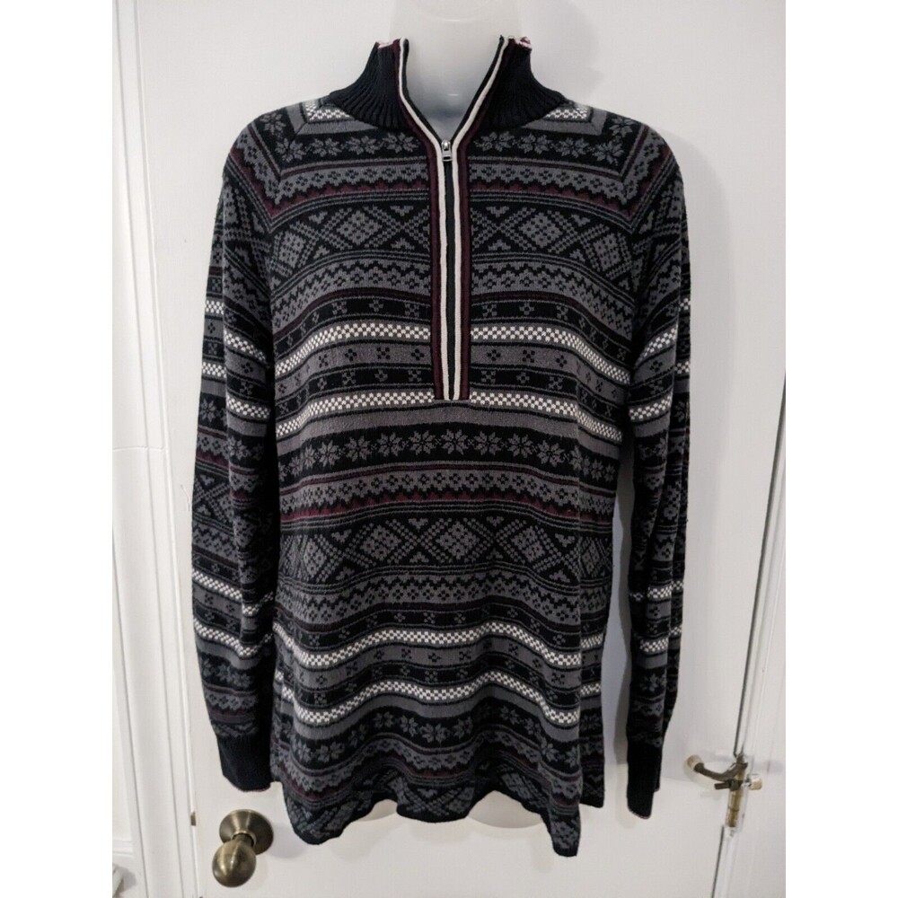 EDDIE BAUER Women Medium Black Burgundy 1/2 Zip Fair Isle Pullover Sweater